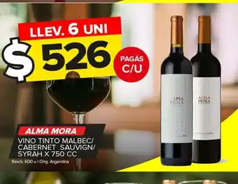 Carrefour Maxi Alma Mora Vino Tinto Malbec / Cabernet Sauvign / Syrah x 750cc oferta
