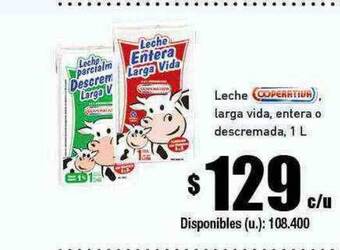 Cooperativa Obrera Leche larga vida entera o descremada oferta