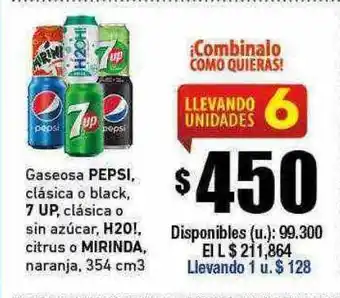 Gaseosa pepsi clásica o black 7 up clásica o sin azúcar h20! citrus o mirinda naranja