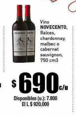 Cooperativa Obrera Vino novecento raíces chardonnay malbec o cabernet sauvignon oferta