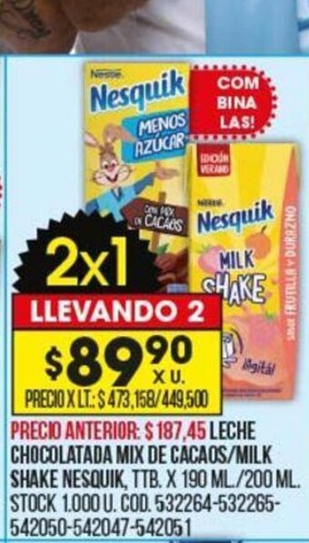 Coto Leche Chocolatada Mix de Cacaos/Milk Shake Nesquik oferta