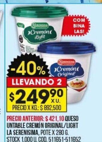 Coto Queso Untable Cremón Original/Light La Serenisma oferta