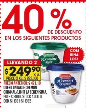 Coto Queso Untable Cremón Original/Light La Serenisma oferta