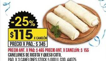 Coto Canelones de ricota y queso coto oferta