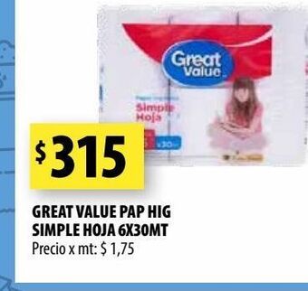 Punto Mayorista Great value pap hig simple hoja 6x30mt oferta