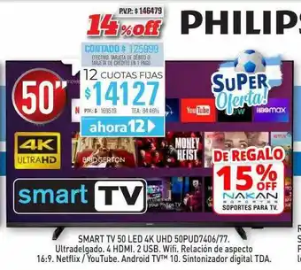 Red del Hogar Smart tv 50 led 4k uhd 50pud7406 77 philips oferta