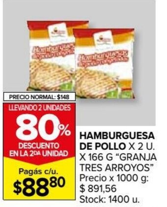 Carrefour Market Hamburguesa De Pollo x 2u x 166g Granja Tres Arroyos oferta