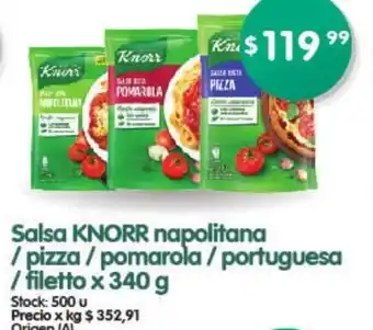 Supermercados Buenos Días Salsa Knorr Napolitana / Pizza / Pomarola / Portuguesa / Filetto x 340g oferta