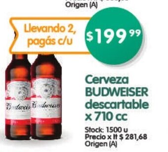 Supermercados Buenos Días Cerveza Budweiser Descartable x 710cc oferta