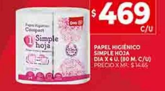Supermercados DIA Papel Higiénico Simple Hoja Dia x 4 u oferta