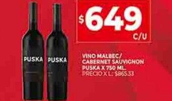 Supermercados DIA Vino Malbec/ Cabernet Sauvignon Puska x 750 ml. oferta