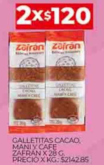 Supermercados DIA Galletitas Cacao Mani Y Cafe Zafran x 28g oferta