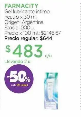 Farmacity gel lubricante íntimo neutro -50% en la 2da unidad