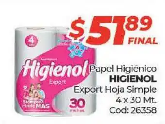 Diarco Higienol Papel Higiénico Export Hoja Simple 4 x 30mt oferta