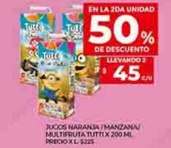 Supermercados DIA Jugos naranja manzana multifruta tutti en la 2da unidad 50% de descuento oferta