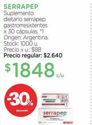 Farmacity Serrapep suplemento dietario serrapep gastrorresistentes -30% descuento oferta