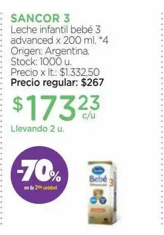 Farmacity Sancor 3 leche infantil bebé 3 advanced -70% en la 2da unidad oferta