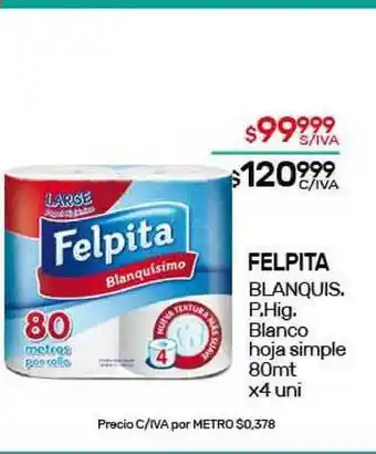 Nini Mayorista Felpita Blanquis. P. Hig. Blanco Hoja Simple 80mt oferta