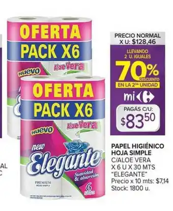 Carrefour Market "Elegante" Pape Higiénico Hoja Simple C Aloe Vera x 6 u x 30mts oferta