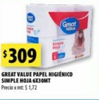 Punto Mayorista Great Value Papel Higiénico Simple Hoja 6x30MT oferta