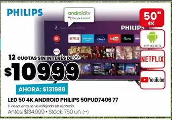 Walmart Led 50 4k android philips 50pud7406 77 oferta