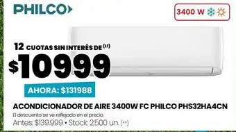 Walmart Acondicionador de aire 3400w fc philco phs32ha4cn oferta