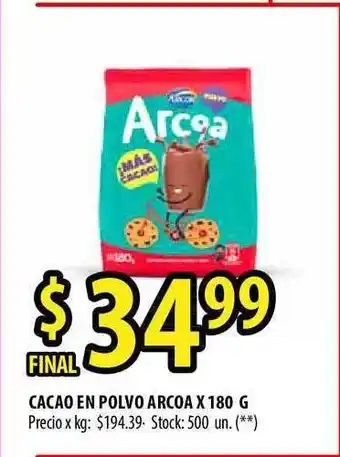 Punto Mayorista Arcoa Cacao En Polvo x180g oferta