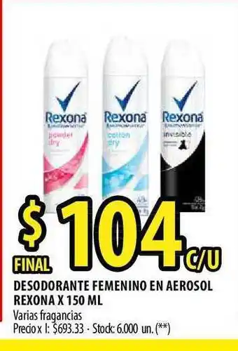 Punto Mayorista Rexona Desodorante Femenino En Aerosol x150ml oferta