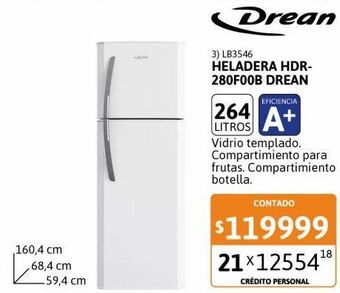 Cetrogar Heladera con freezer hdr280f00b 264 lt blanca drean oferta