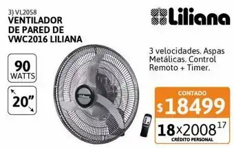 Cetrogar Ventilador de pared de 20" 90w con control vwc2016 liliana oferta