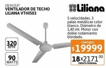Cetrogar Ventilador de techo liliana 3p 5v ch bl 90w vthi503 oferta