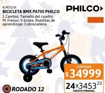 Cetrogar Bicicleta bmx r12" patio naranja philco oferta
