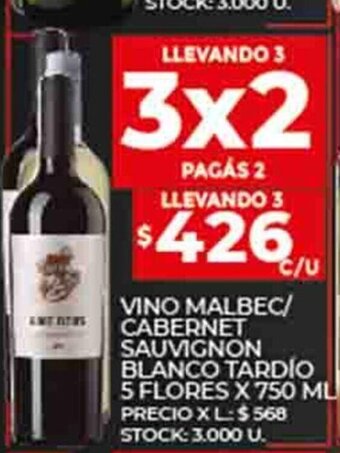 Supermercados DIA Vino Malbec / Cabernet Sauvignon Blanco Tardio 5 Flores x 750ml oferta