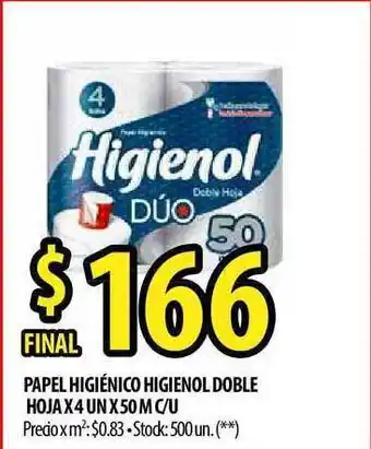 Punto Mayorista Higienol Papel Higiénico Doble Hoja x 4un x 50m c/u oferta