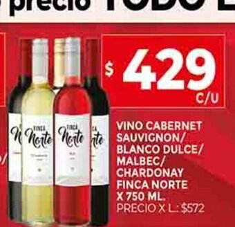 Supermercados DIA Vino Cabernet Sauvignon / Blanco Dulce / Malbec / Chardonay Finca Norte x 750ml oferta