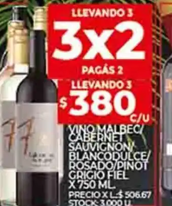 Supermercados DIA Vino Malbec/Cabernet Sauvignon/Blanco Dulce / Rosado / Pinot Grigio Fiel x 750ml oferta