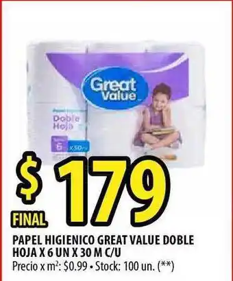 Punto Mayorista Great Value Papel Higienico Doble Hoja x 6un x 30m c/u oferta