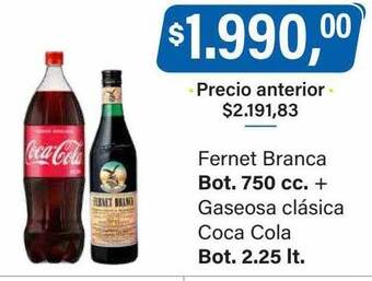 Supermercados Damesco Fernet branca + gaseosa clásica coca cola oferta