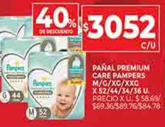 Supermercados DIA Pañal Premium Care Pampers M/G/XG/XXG x 52/44/34/36U oferta