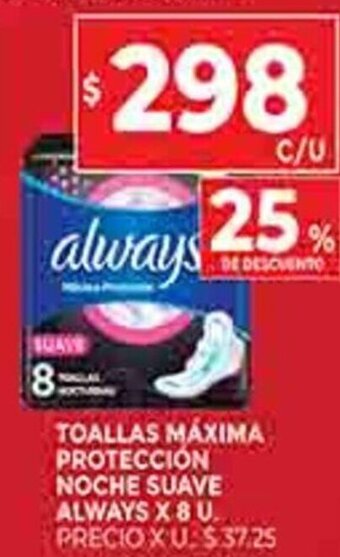 Supermercados DIA Toallas Máxima Proteccion Noche Suave Always x 8u oferta