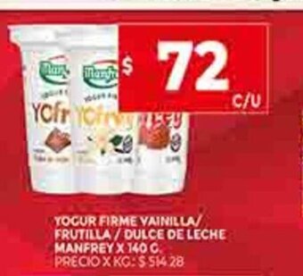 Supermercados DIA Yogur Firme Vainilla / Frutilla / Dulce de Leche Manfrey x 140g oferta