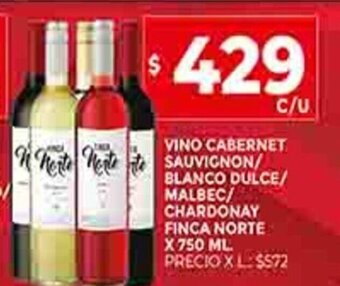Supermercados DIA Vino Cabernet Sauvignon / Blanco Dulce / Malbec / Chardonay Finca Norte x 750ml oferta