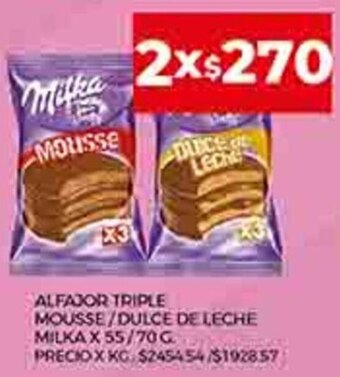 Supermercados DIA Alfajor Triple Mousse/ Dulce De Leche Milka x 55/70 g. oferta