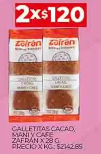 Supermercados DIA Galletitas Cacao Mani Y Cafe Zafran x 28g oferta