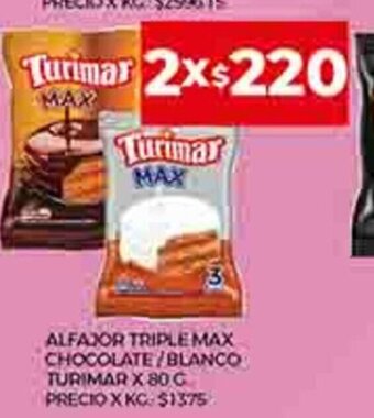 Supermercados DIA Alfajor Triple Max Chocolate/ Blanco Turimar x 80 g. oferta