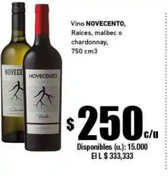 Cooperativa Obrera Novecento Vino Raíces malbec o chardonnay 750 cm3 oferta