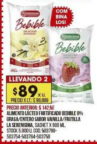 Coto Alimento Lácteo Fortificado Bebible 0% Grasa Entero Sabor Vainilla Frutilla La Serenisima oferta