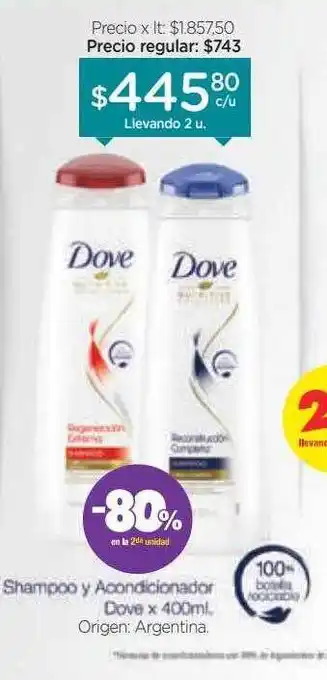 Farmacity Shampoo y acondicionador dove -80% en la 2da unidad oferta