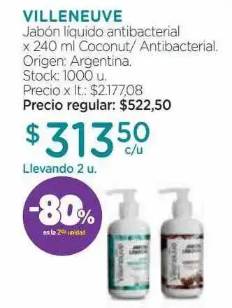 Farmacity Villeneuve jabón líquido antibacterial -80% en la 2da unidad oferta