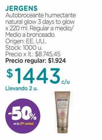 Farmacity Jergens autobroceante humectante natural glow 3 days to glow -50% en la 2da unidad oferta